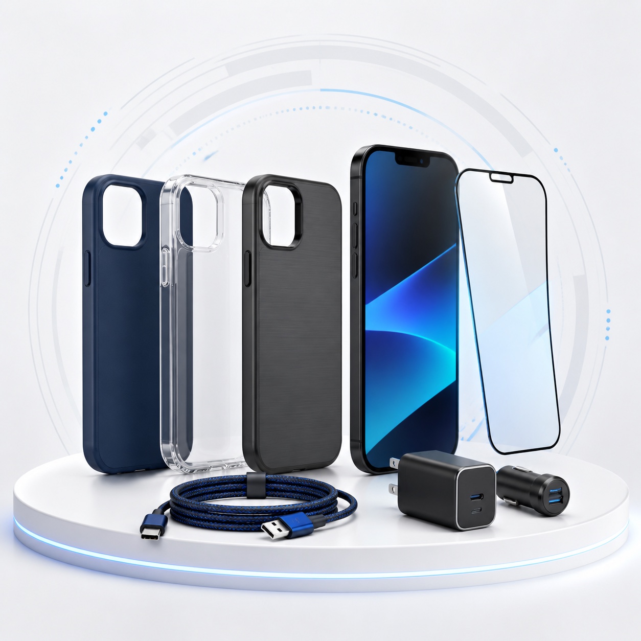 Illustration of phone cases, screen protectors, and accessories